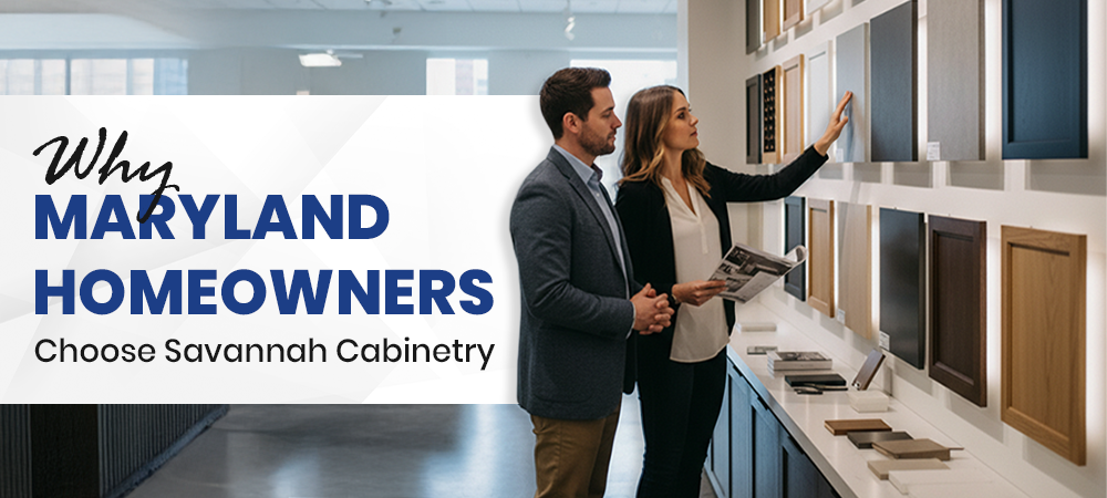 Maryland homeowners reviewing cabinet styles at Savannah Cabinetry showroom in Hanover MD