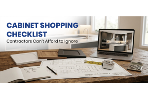 Cabinet shopping checklist for kitchen contractors with kitchen layout plans, cabinet samples, and measuring tools on workbench