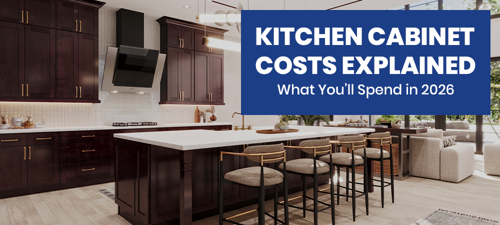 Kitchen cabinet cost overview showing modern kitchen cabinets with island seating in a 2026 remodel