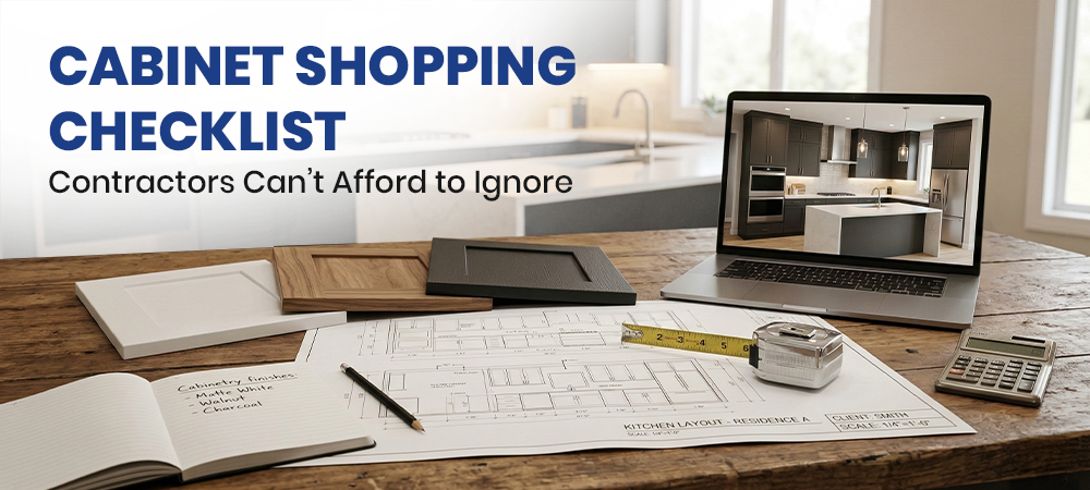 Cabinet shopping checklist for kitchen contractors with kitchen layout plans, cabinet samples, and measuring tools on workbench